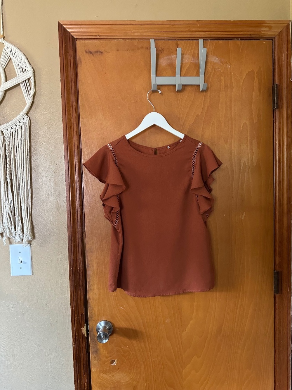 Haute Monde Rust Terracotta Flutter Sleeve Crochet Trim Blouse